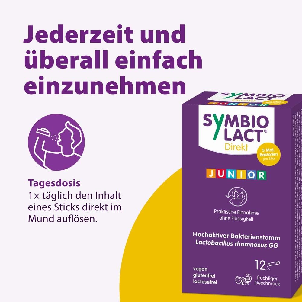Boîte violette avec informations produit. Facile à prendre à tout moment et n'importe où. Contient 12 sticks. Contient Lactobacillus rhamnosus GG.