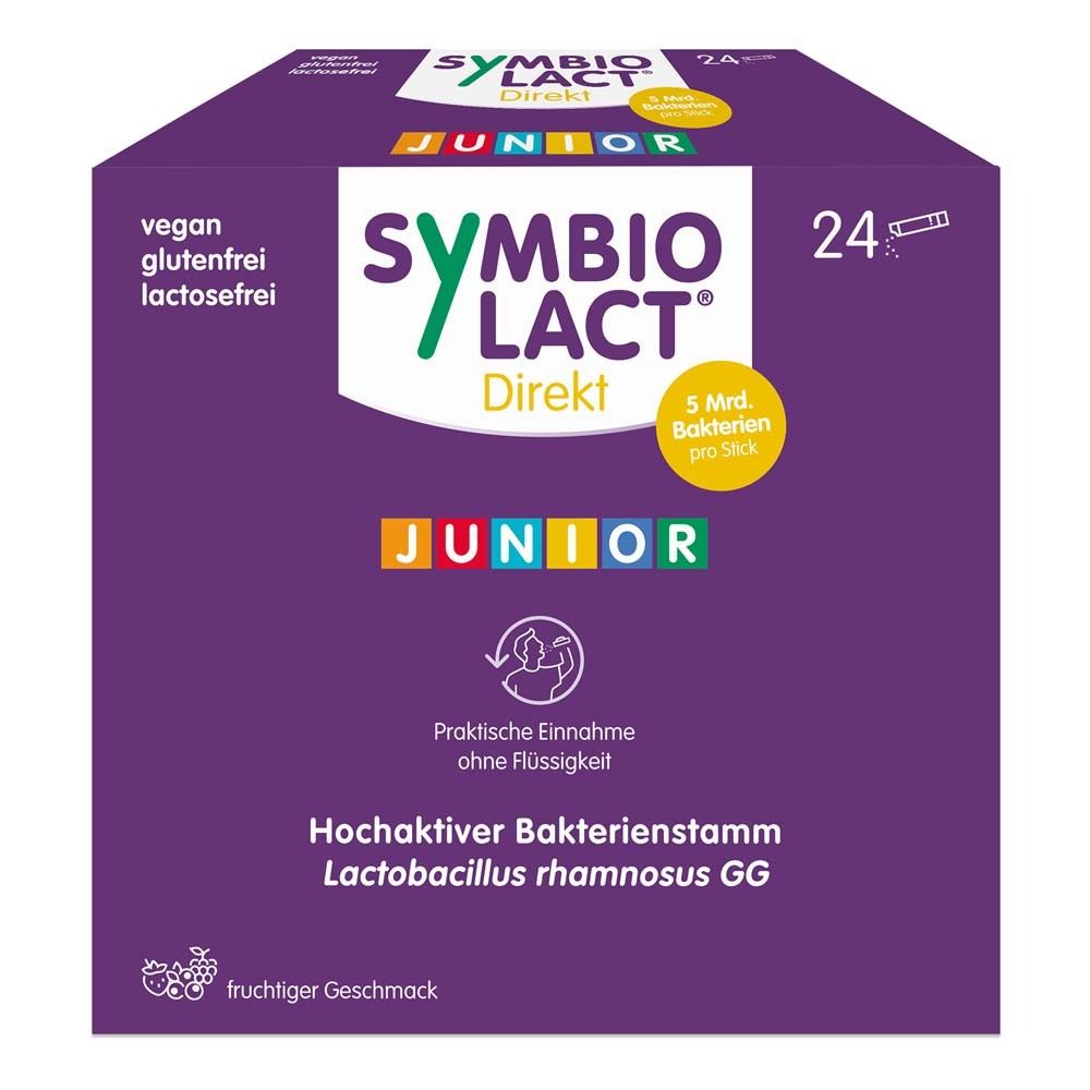 Boîte violette SymbioLact Direkt JUNIOR. 24 sticks, vegan, sans gluten, sans lactose. Souche bactérienne active.