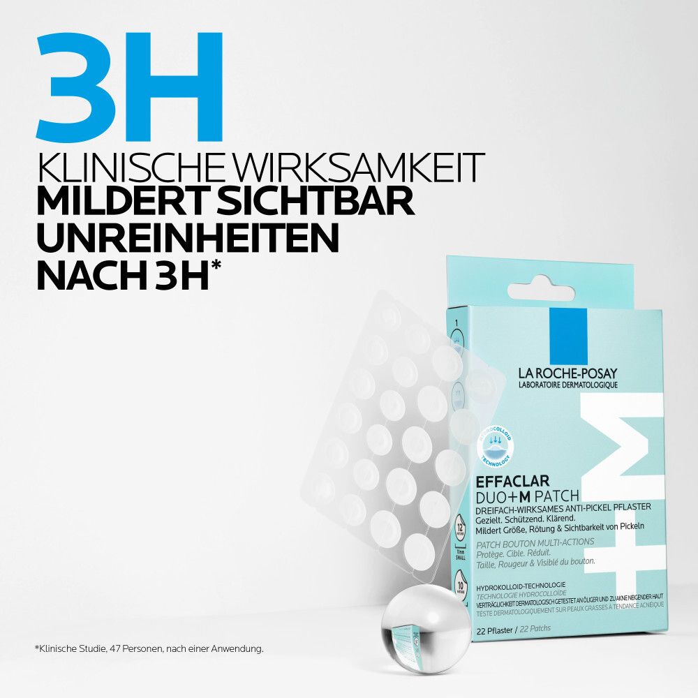 La Roche-Posay Effaclar DUO+M Patch und Packung. 3H klinische Wirksamkeit. Mildert Unreinheiten.