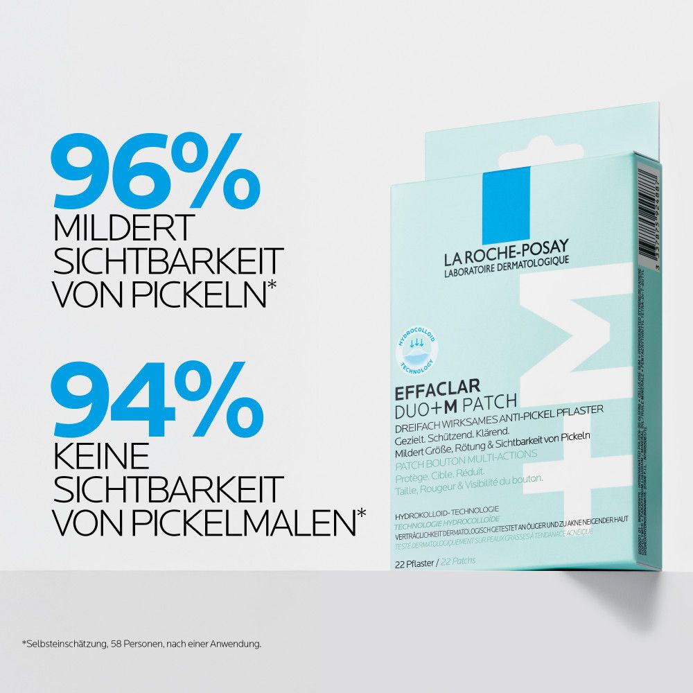 La Roche-Posay Effaclar DUO+M Patch und Packung. 96% mildert Pickel. 94% keine Pickelmale.