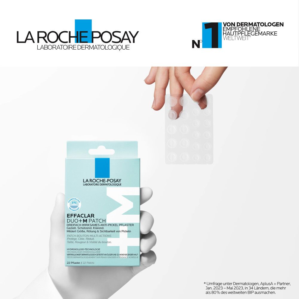La Roche-Posay Effaclar DUO+M Patch und Packung. Dermatologen empfohlen. Pflaster werden platziert.