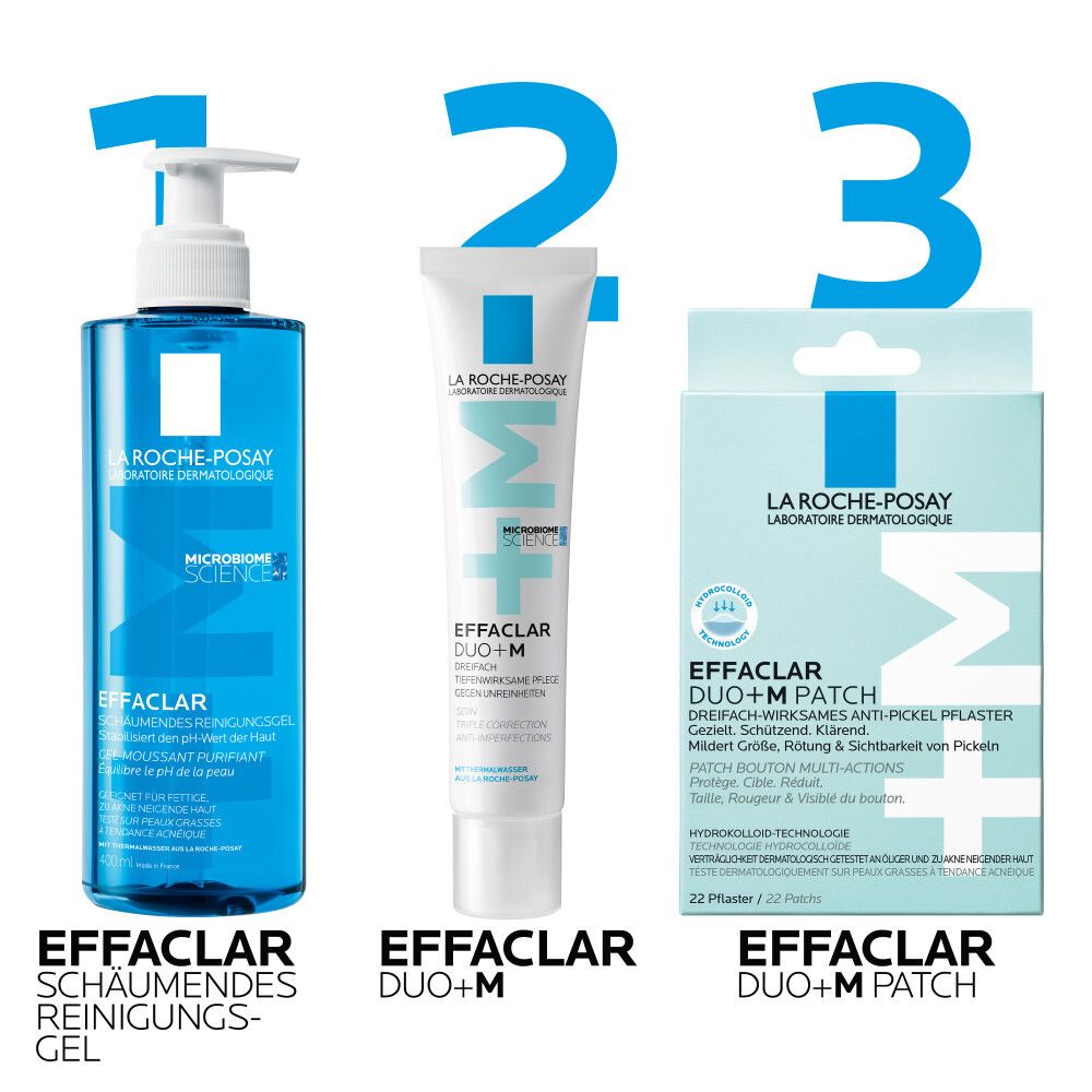 La Roche-Posay Produkte: Effaclar Reinigungsgel, DUO+M Creme und DUO+M Patch. Drei Produkte.