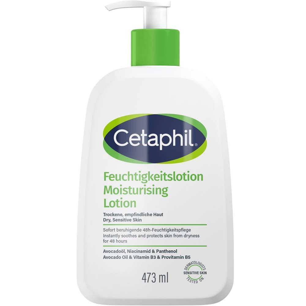 Flacon blanc de Lotion hydratante Cetaphil avec pompe et bouchon vert. 473 ml.