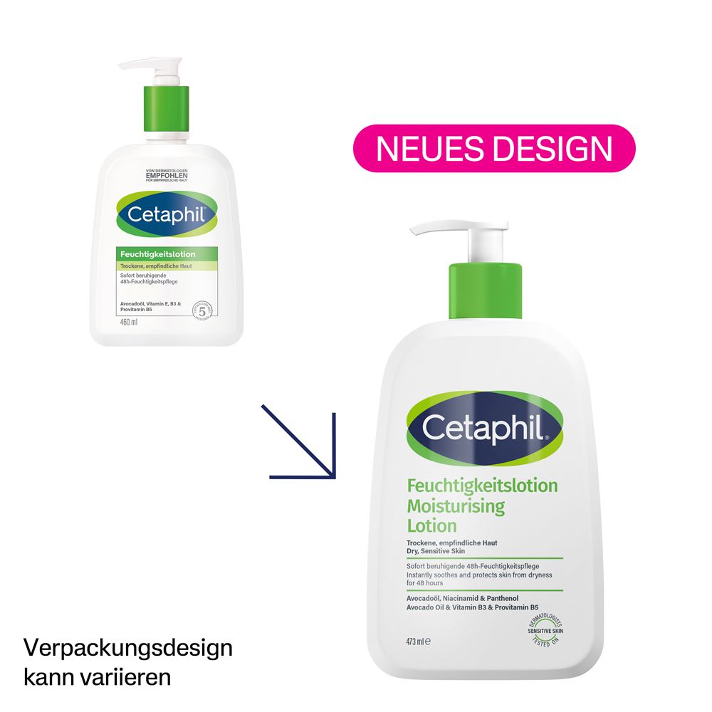 Comparaison des anciens et nouveaux designs de la Lotion hydratante Cetaphil. "Nouveau design" mis en avant.