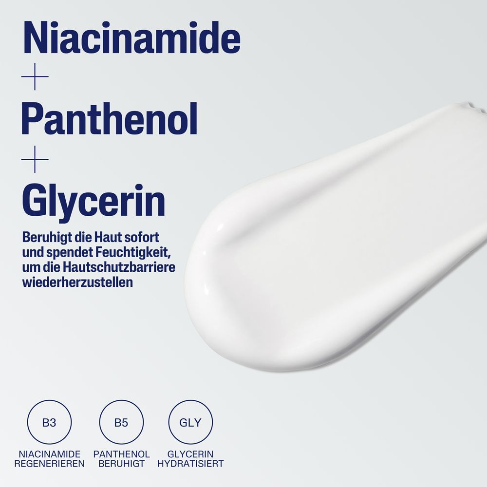 Ingrédients Niacinamide, Panthénol et Glycérine pour une peau apaisée et hydratée.