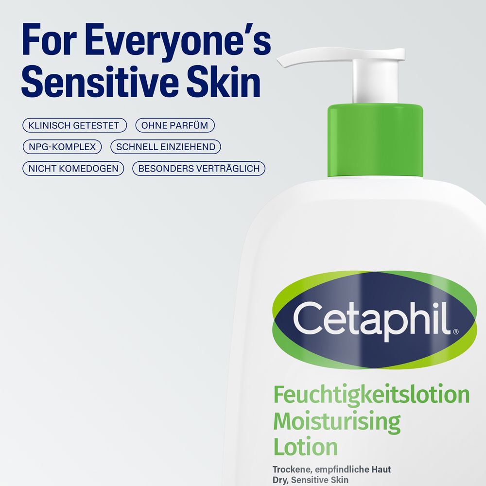 Lotion hydratante Cetaphil pour peaux sensibles. Testée cliniquement, sans parfum, absorption rapide.