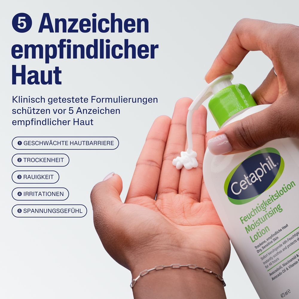 La lotion Cetaphil protège contre 5 signes de peau sensible : barrière, sécheresse, rugosité, irritation, tiraillement.