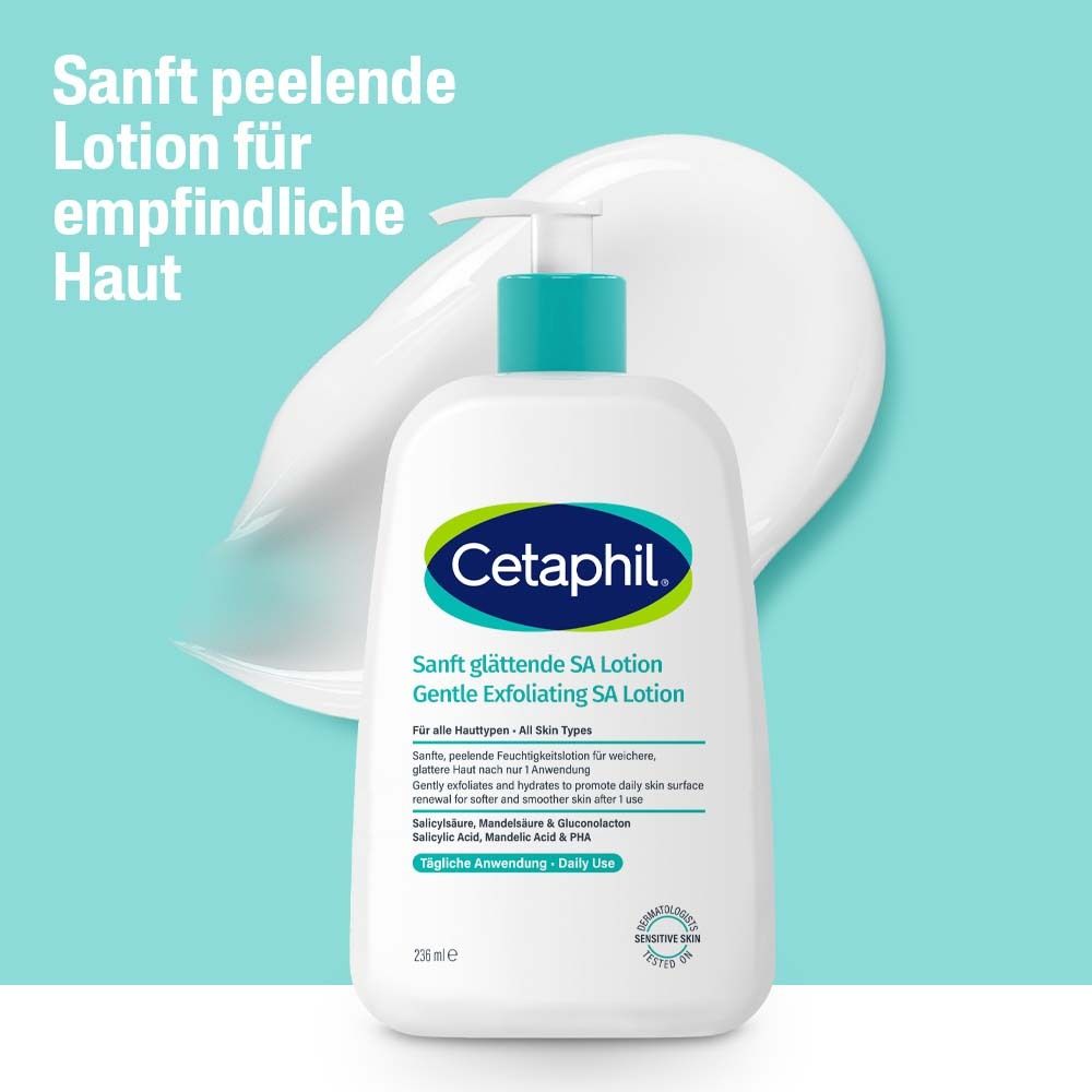 Cetaphil® SA Lotion vor hellem Hintergrund. Text: Sanft peelende Lotion für empfindliche Haut. 236 ml.