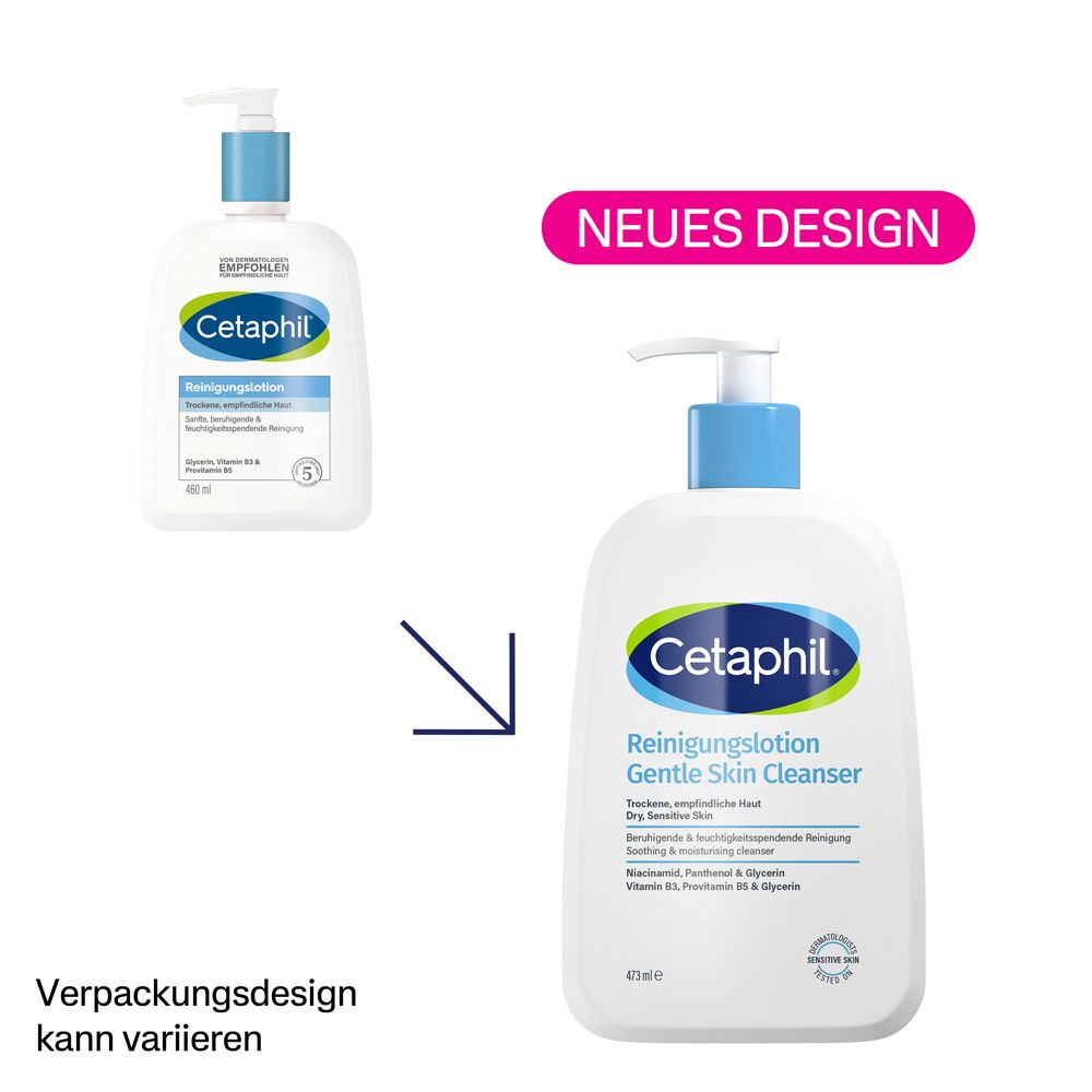 Cetaphil Reinigungslotion: Vergleich altes und neues Design. Verpackungsdesign kann variieren.