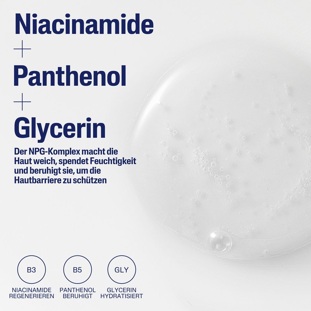 Inhaltsstoffe der Cetaphil Reinigungslotion: Niacinamid, Panthenol & Glycerin für weiche, geschützte Haut.