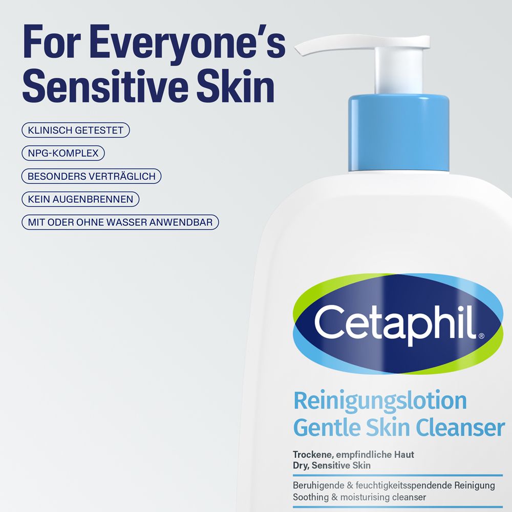 Cetaphil Reinigungslotion für empfindliche Haut, klinisch getestet, ohne Augenbrennen.