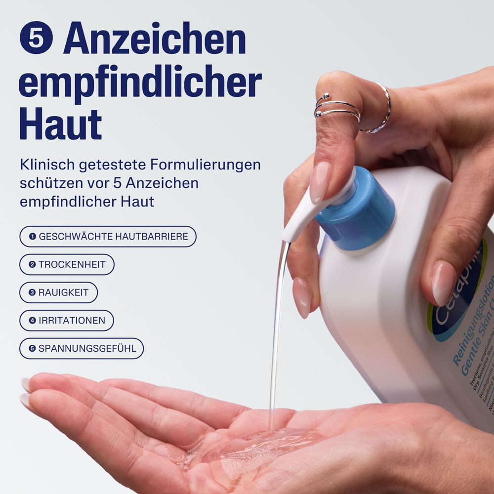 Cetaphil Reinigungslotion schützt vor 5 Zeichen empfindlicher Haut: Schwäche, Trockenheit, Rauigkeit, Irritation, Spannung.