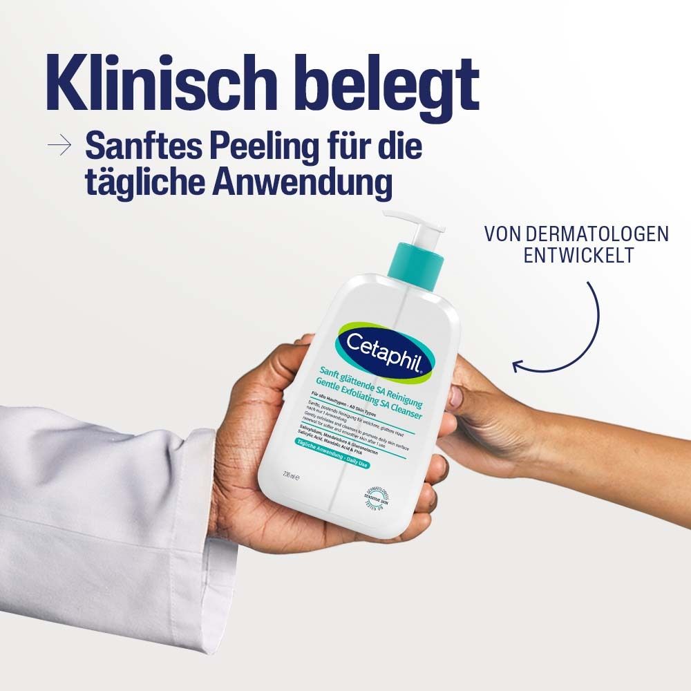 Cetaphil Gentle Exfoliating SA Cleanser in weißer Spenderflasche mit Pumpe.