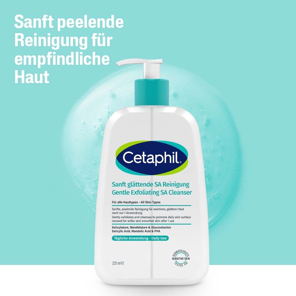 Cetaphil Sanft glättende SA Reinigung Gentle Exfoliating SA Cleanser in weißer Pumpflasche.