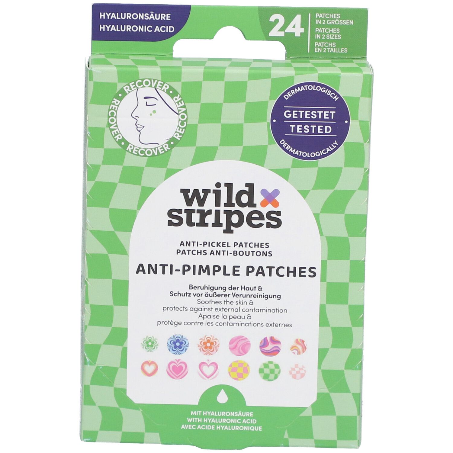 Boîte de patchs anti-boutons "wild stripes". Motif damier vert et blanc. 24 patchs, testés dermatologiquement.