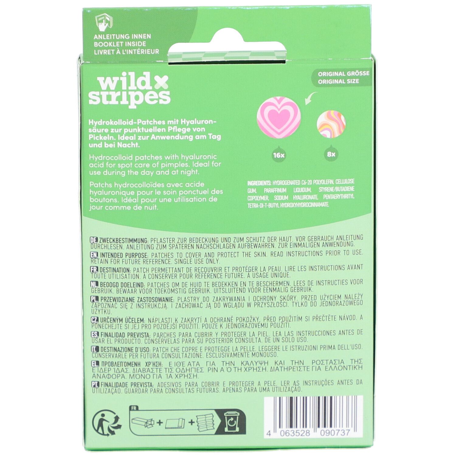 Dos de la boîte avec logo "wild stripes". Contient 16 patchs roses et 8 multicolores.