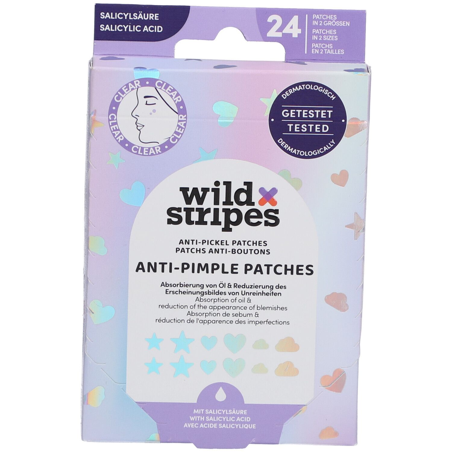Verpackung mit Anti-Pickel Patches. Holografische, klare Patches mit Salicylsäure. 24 Stück, dermatologisch getestet.