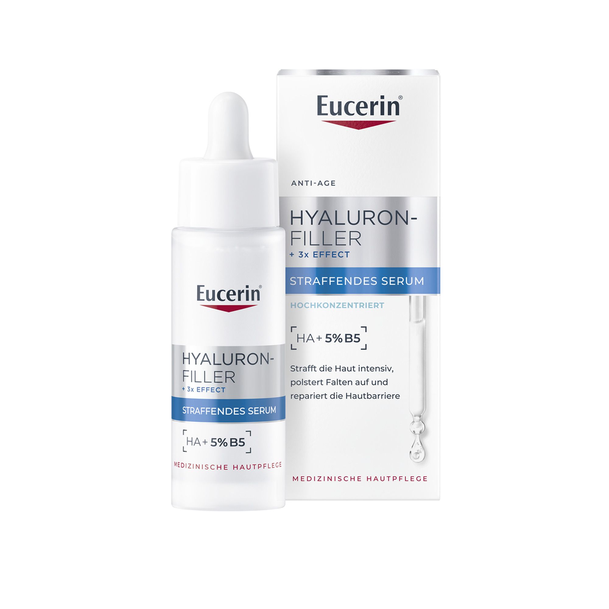 Sérum Eucerin Hyaluron-Filler et emballage. Flacon blanc avec pipette et boîte. Texte : Hyaluron-Filler + 3x Effect.