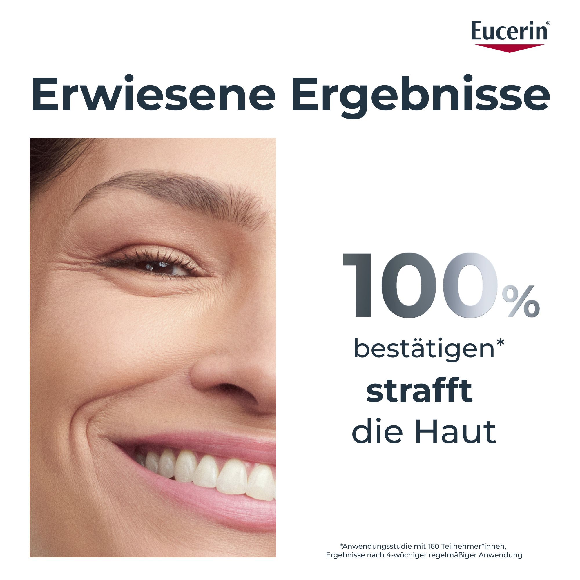 Femme avec visage. Texte : 100% confirment raffermit la peau. Logo Eucerin.