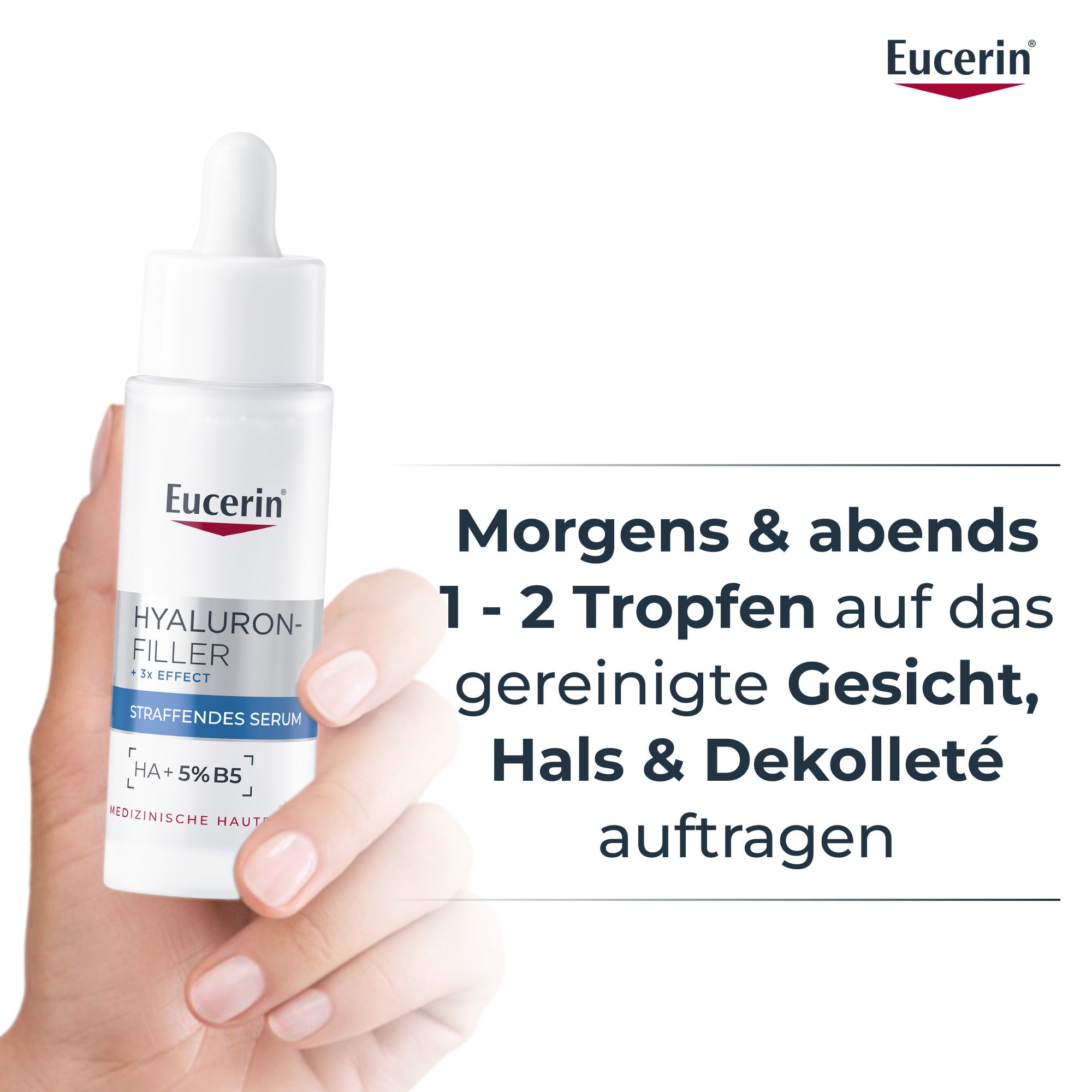 Main avec sérum. Texte : Appliquer 1 à 2 gouttes matin et soir sur le visage, le cou et le décolleté. Logo Eucerin.