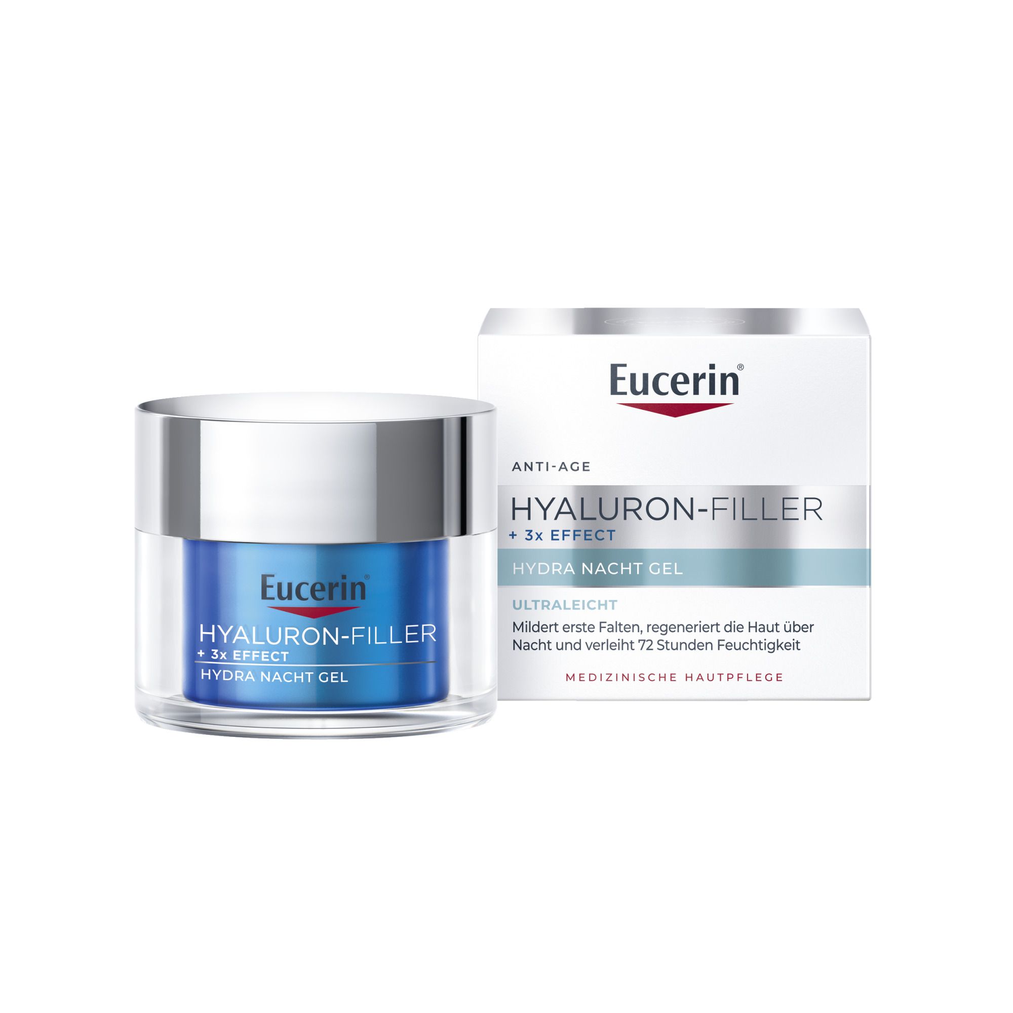 Pot et emballage Eucerin Hyaluron-Filler + 3x Effect Hydra Nacht Gel. Crème bleue, couvercle argenté, emballage blanc.