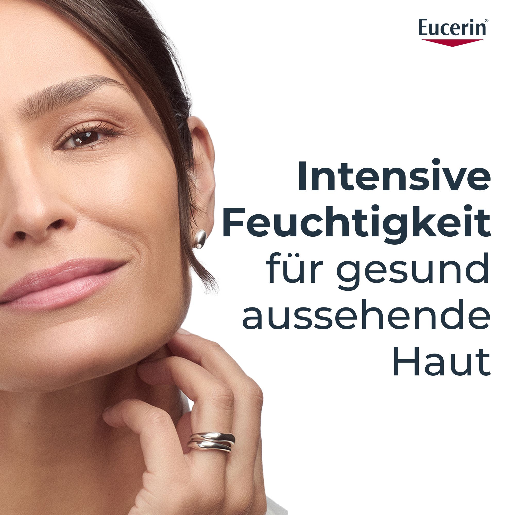 Femme avec soin de la peau. Texte : Hydratation intense pour une peau saine. Logo Eucerin.