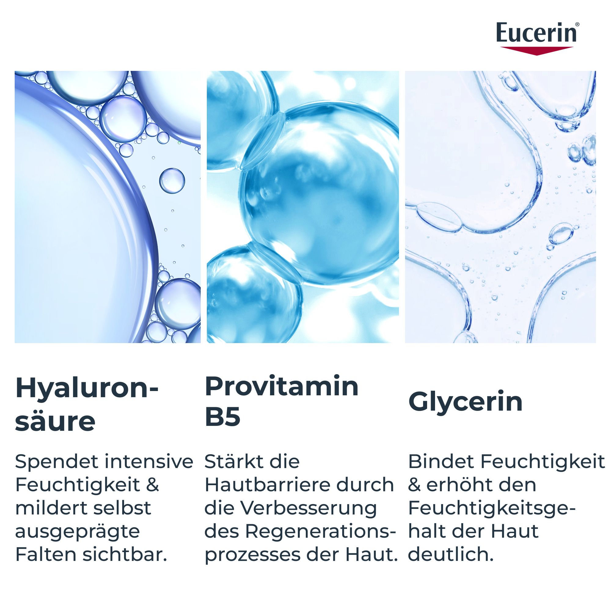 Gros plans d'acide hyaluronique, provitamine B5 et glycérine. Texte : Hydrate, renforce la barrière cutanée, lie l'humidité.