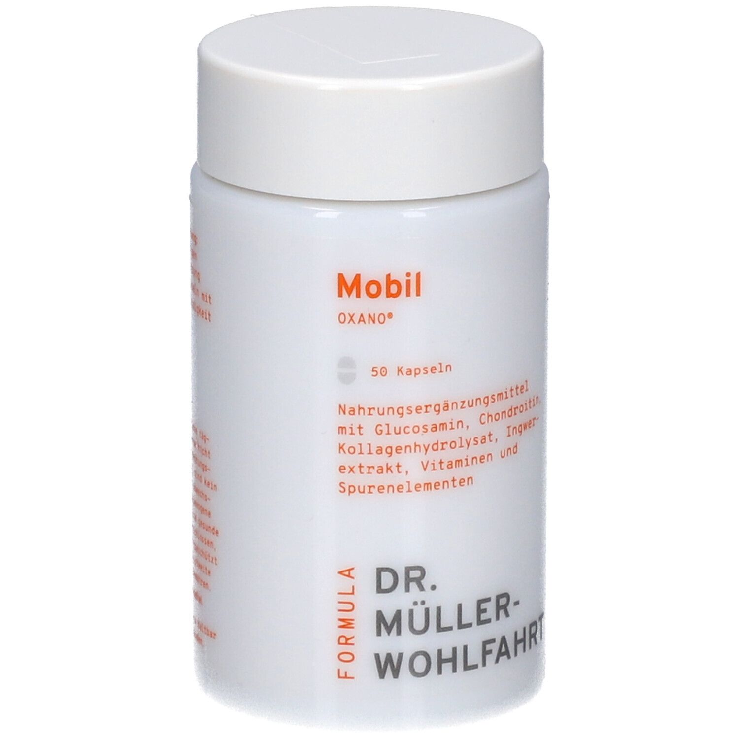 Weiße Dose mit Deckel. Aufschrift: Mobil OXANO, 50 Kapseln, DR. MÜLLER-WOHLFAHRT. Orangefarbene Schrift.