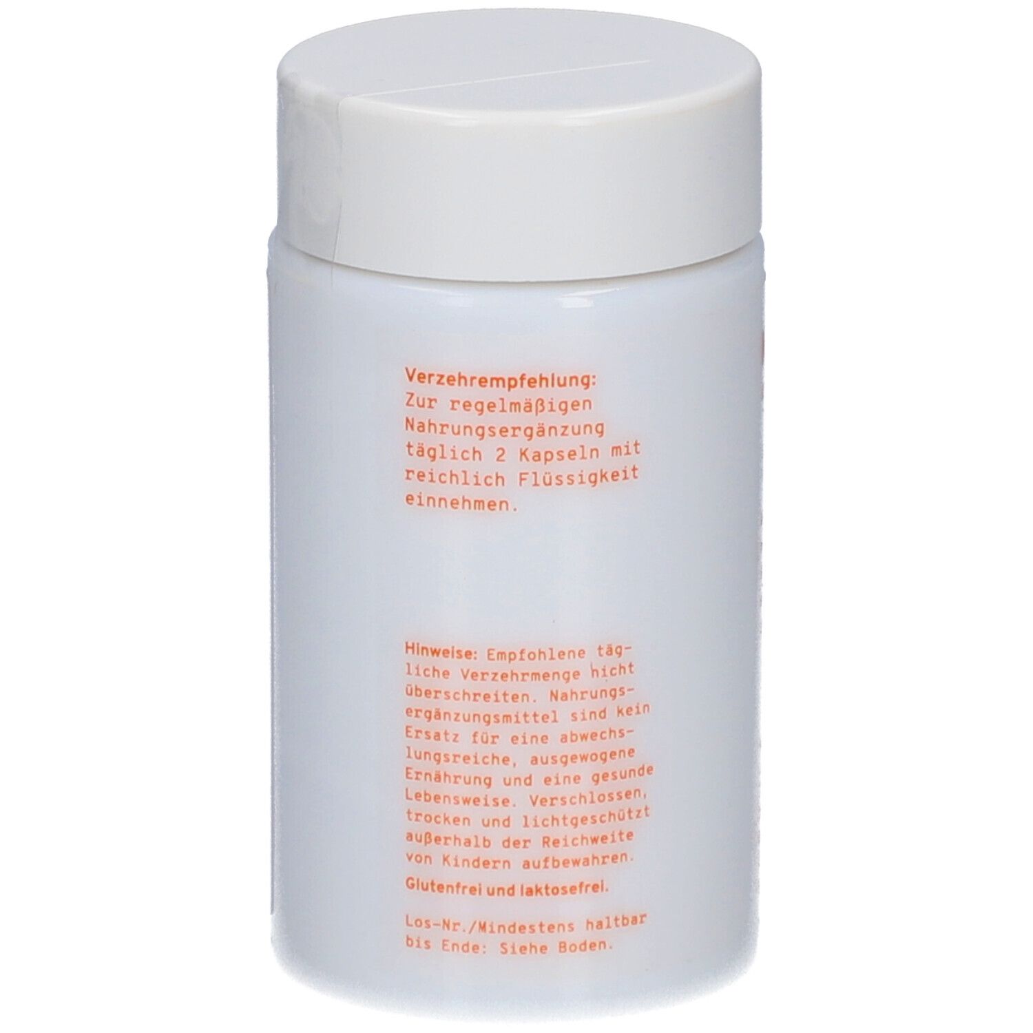 Weiße Dose mit Deckel. Rückseite mit Text in Orange. Verzehrempfehlung, Hinweise, glutenfrei, laktosefrei.