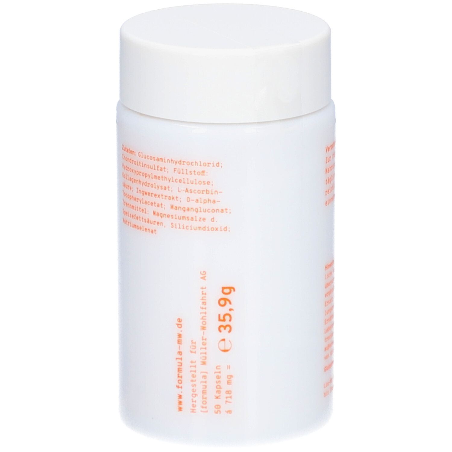 Weiße Dose mit Deckel. Rückseite mit Inhaltsstoffen und Gewicht: 35,9g. Hergestellt von formula-mw.de.