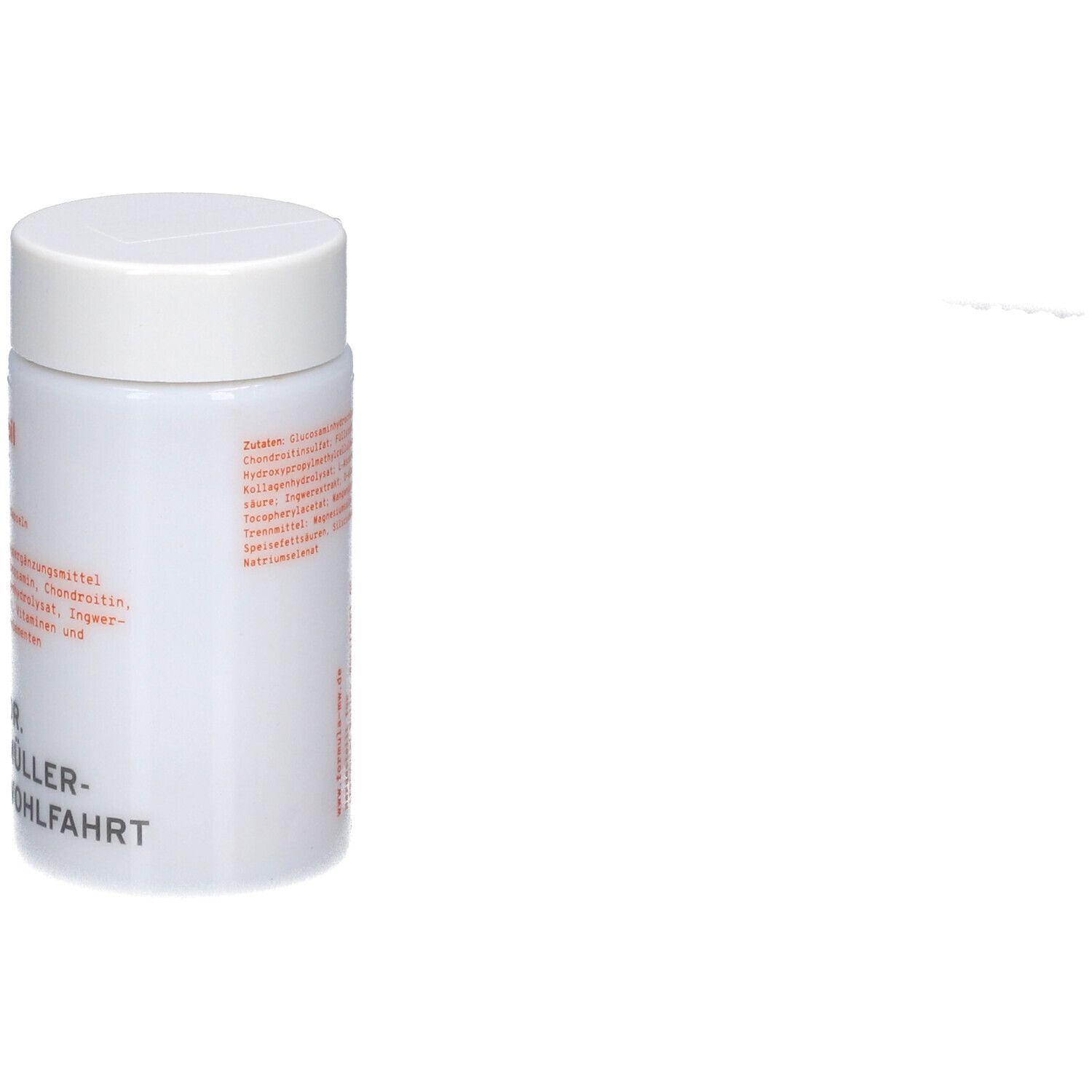 Weiße Dose mit Deckel. Rückseite mit Text in Orange. Text teilweise verdeckt.