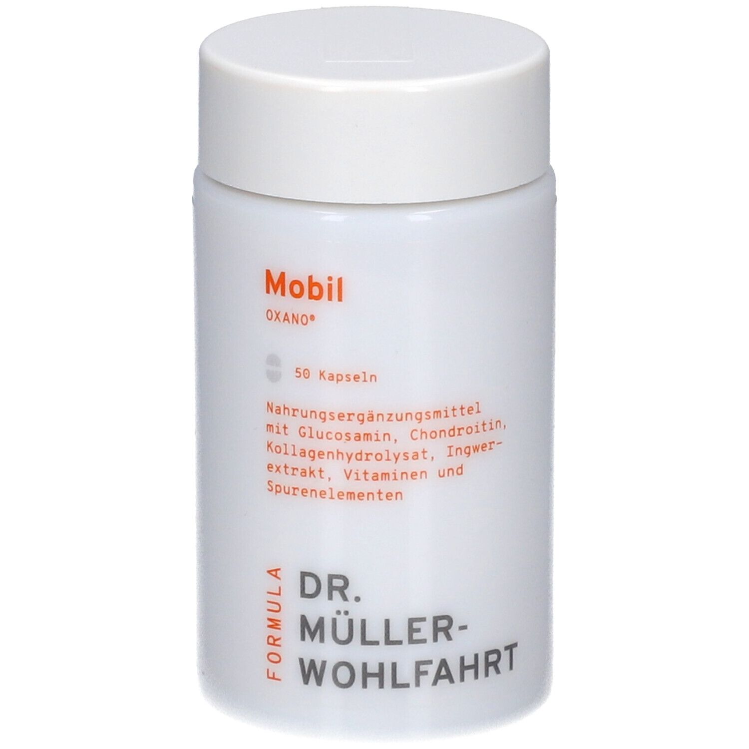 Weiße Dose mit Deckel. Aufschrift: Mobil OXANO, 50 Kapseln, DR. MÜLLER-WOHLFAHRT. Orangefarbene Schrift.