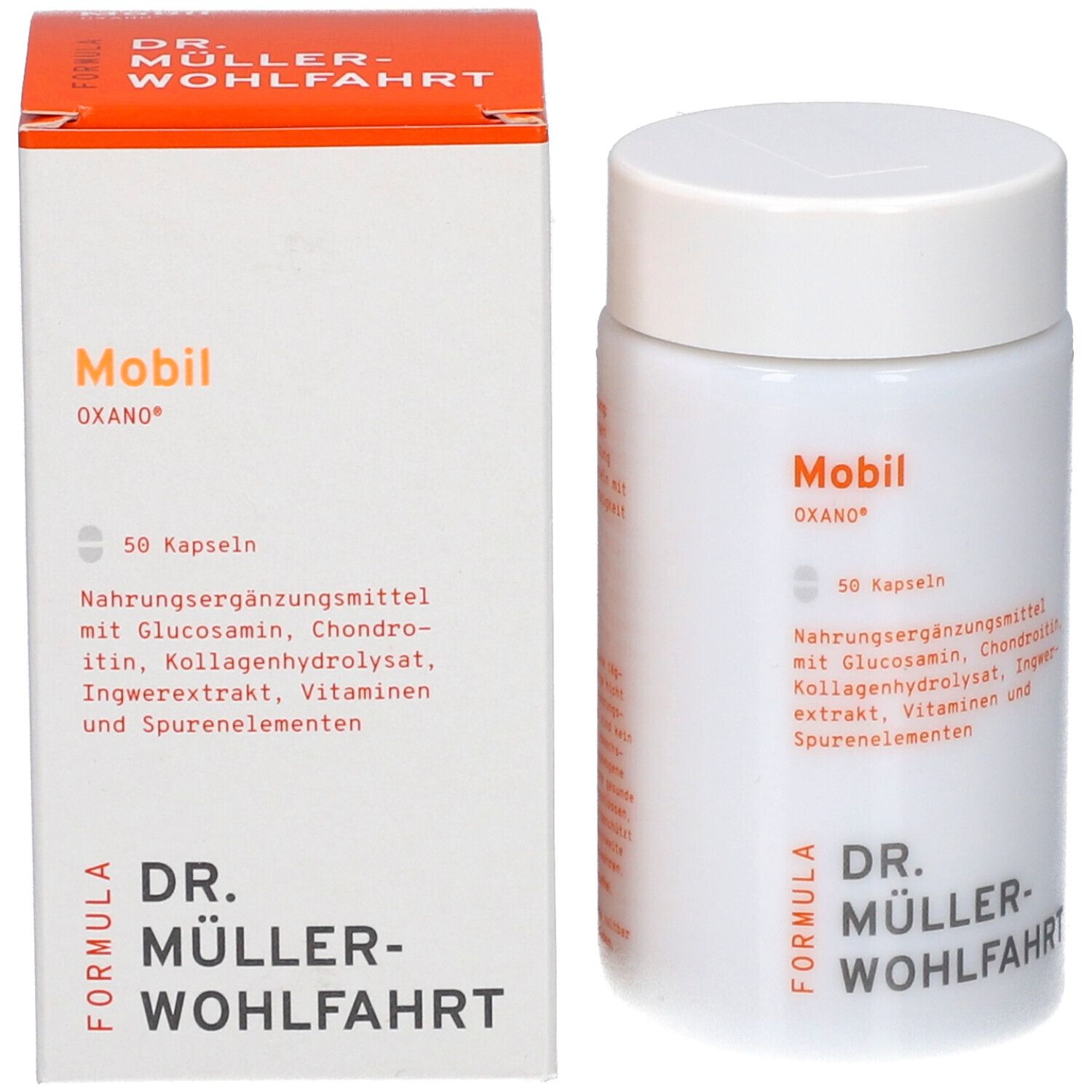 Produktverpackung: Dose und Schachtel. Dose: Mobil OXANO, 50 Kapseln. Schachtel: Mobil OXANO, DR. MÜLLER-WOHLFAHRT.