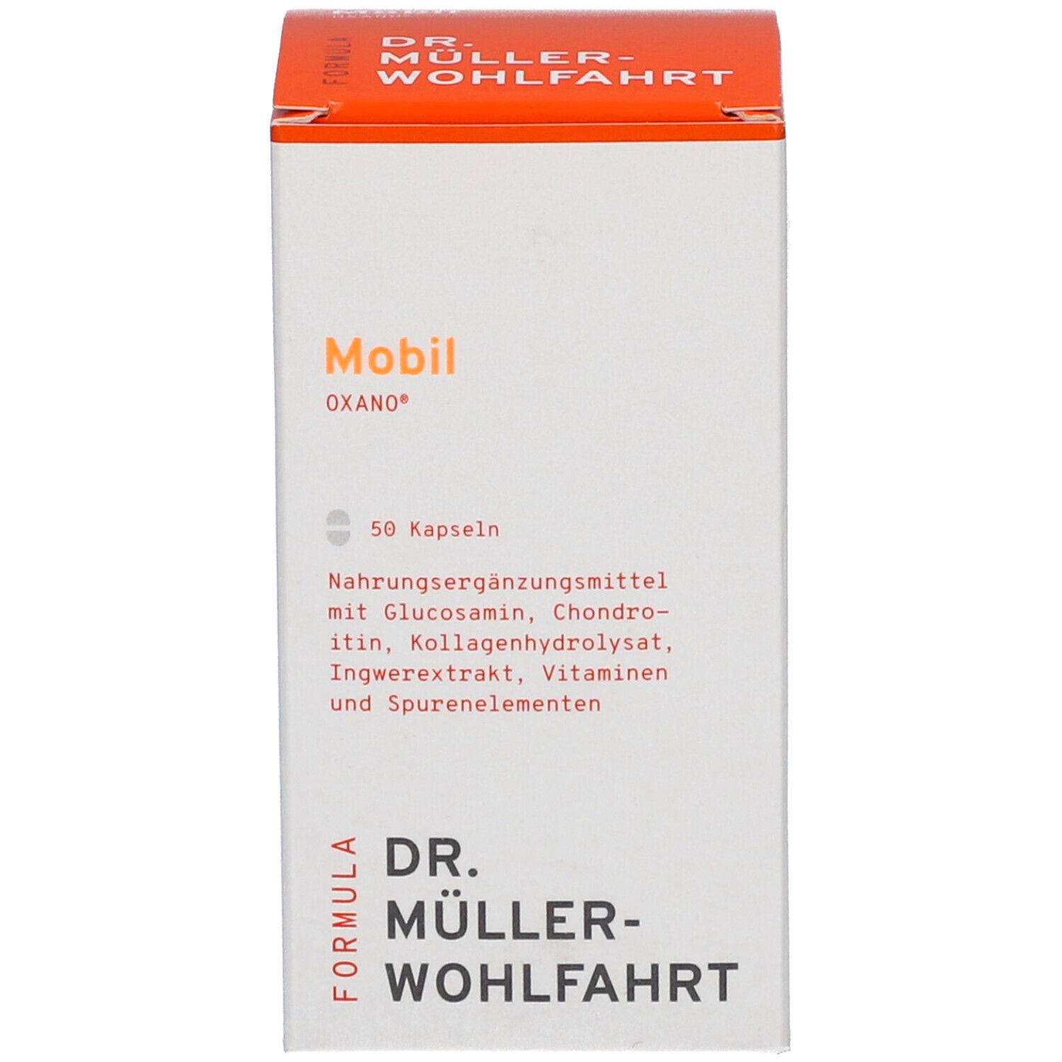 Produktverpackung: Schachtel. Aufschrift: Mobil OXANO, 50 Kapseln, DR. MÜLLER-WOHLFAHRT. Orangefarbene Schrift.