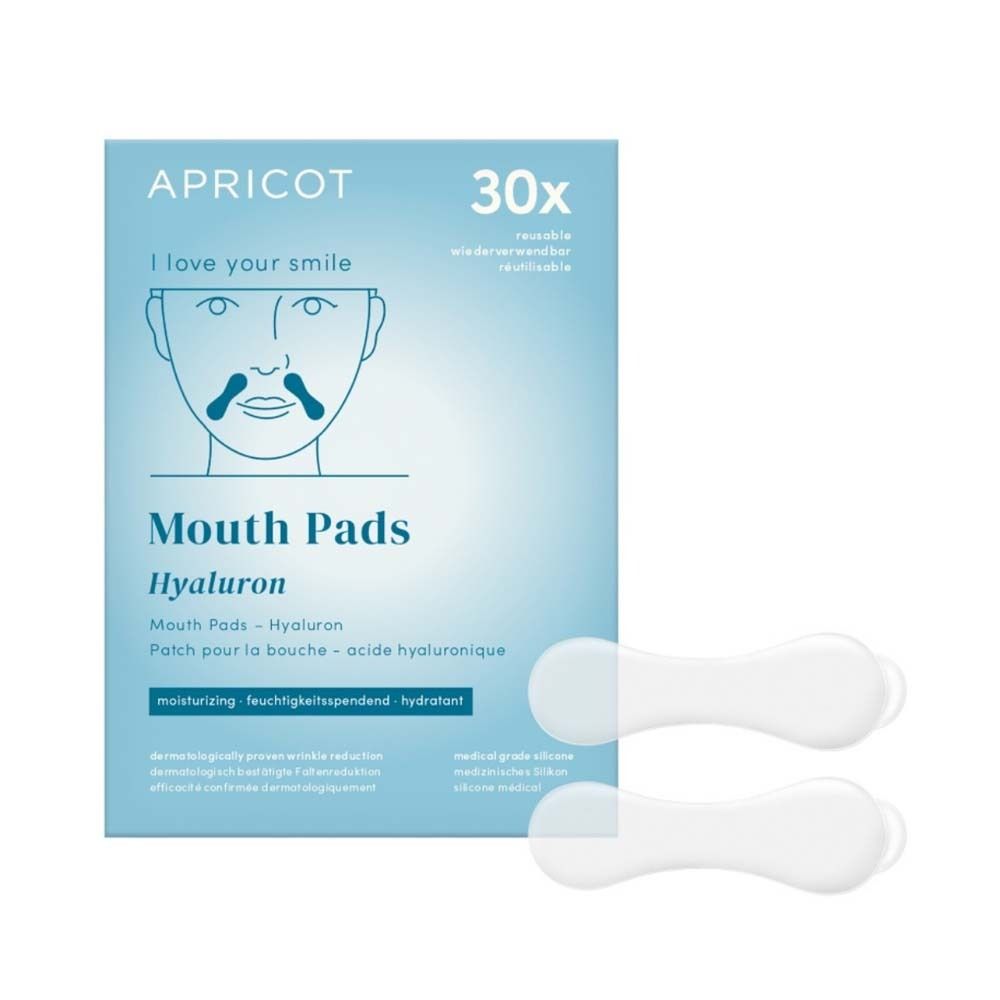 Emballage de Mouth Pads APRICOT, 30 pièces. Inscription : Mouth Pads Hyaluron. Deux pads sont à côté.