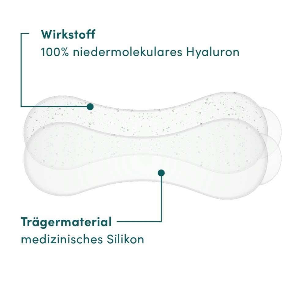 Deux pads buccaux avec inscription. Ingrédient actif : 100% acide hyaluronique. Matériau de support : silicone médical.