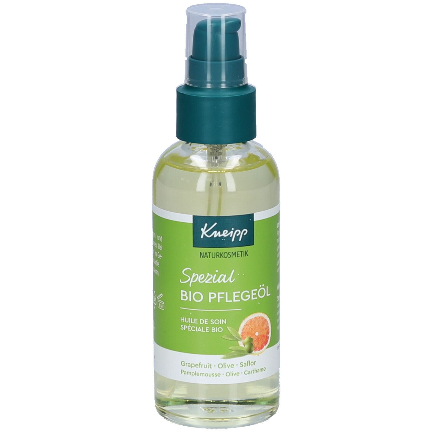 Kneipp Spezial Bio Pflegeöl Flasche mit Sprühkopf. Grün-weißes Etikett mit Produktnamen und Inhaltsstoffen. Grapefruit, Olive, Saflor.