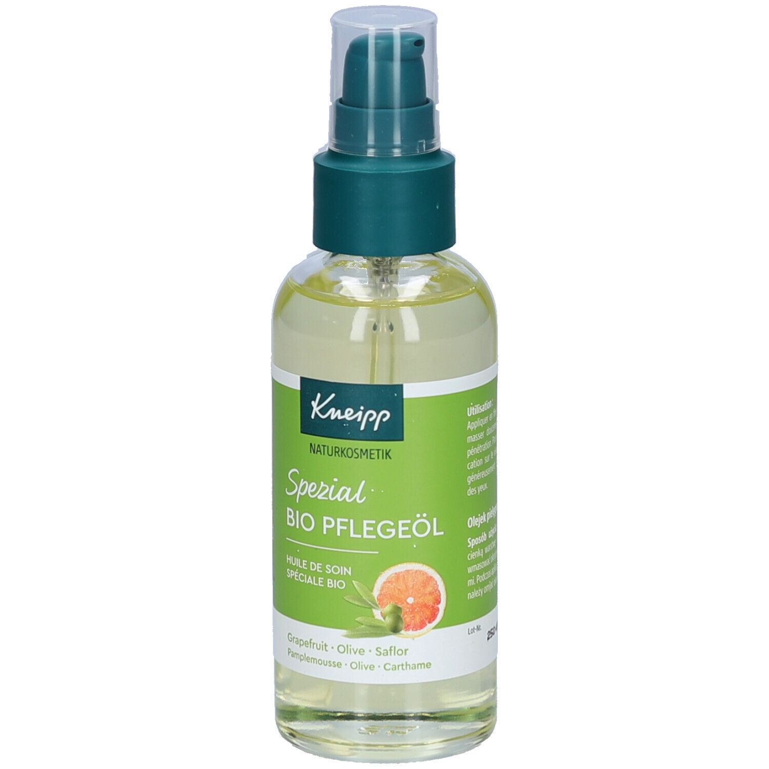 Kneipp Spezial Bio Pflegeöl Flasche. Grün-weißes Etikett mit Produktnamen und Inhaltsstoffen. Grapefruit, Olive, Saflor.