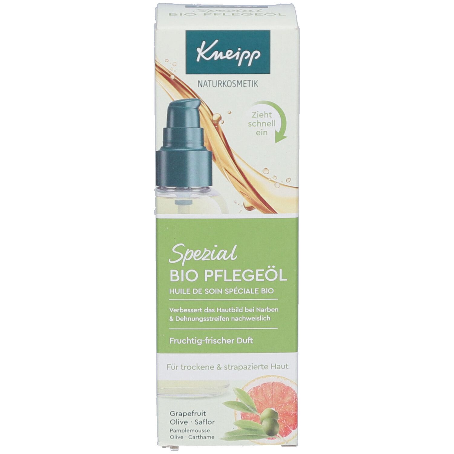 Kneipp Spezial Bio Pflegeöl Verpackung. Produktname und Inhaltsstoffe auf der Verpackung. Grapefruit, Olive, Saflor.