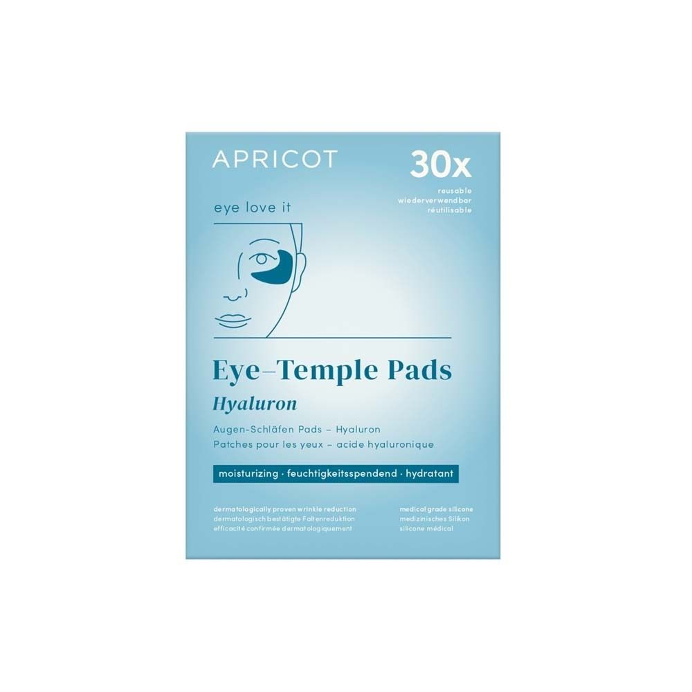 Verpackung mit Augen-Schläfen Pads. Marke APRICOT. Aufschrift: Eye-Temple Pads Hyaluron. 30 Stück. Feuchtigkeitsspendend.