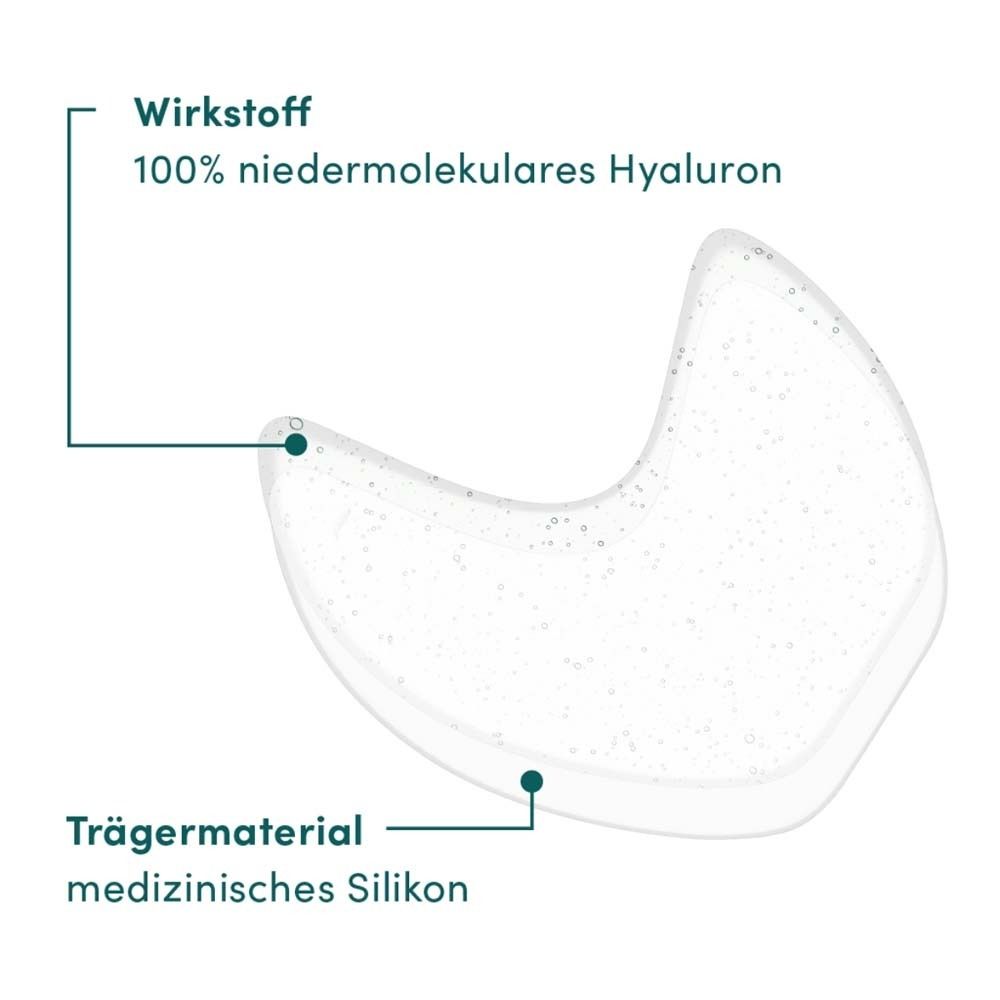 Augen-Schläfen Pad mit Beschriftung. Wirkstoff: 100% niedermolekulares Hyaluron. Trägermaterial: medizinisches Silikon.