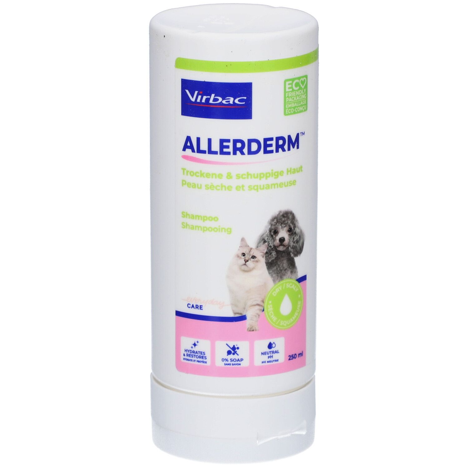 Weiße Flasche mit Virbac Allerderm Shampoo. Text: Trockene & schuppige Haut. Abbildung: Katze und Hund. 250 ml.