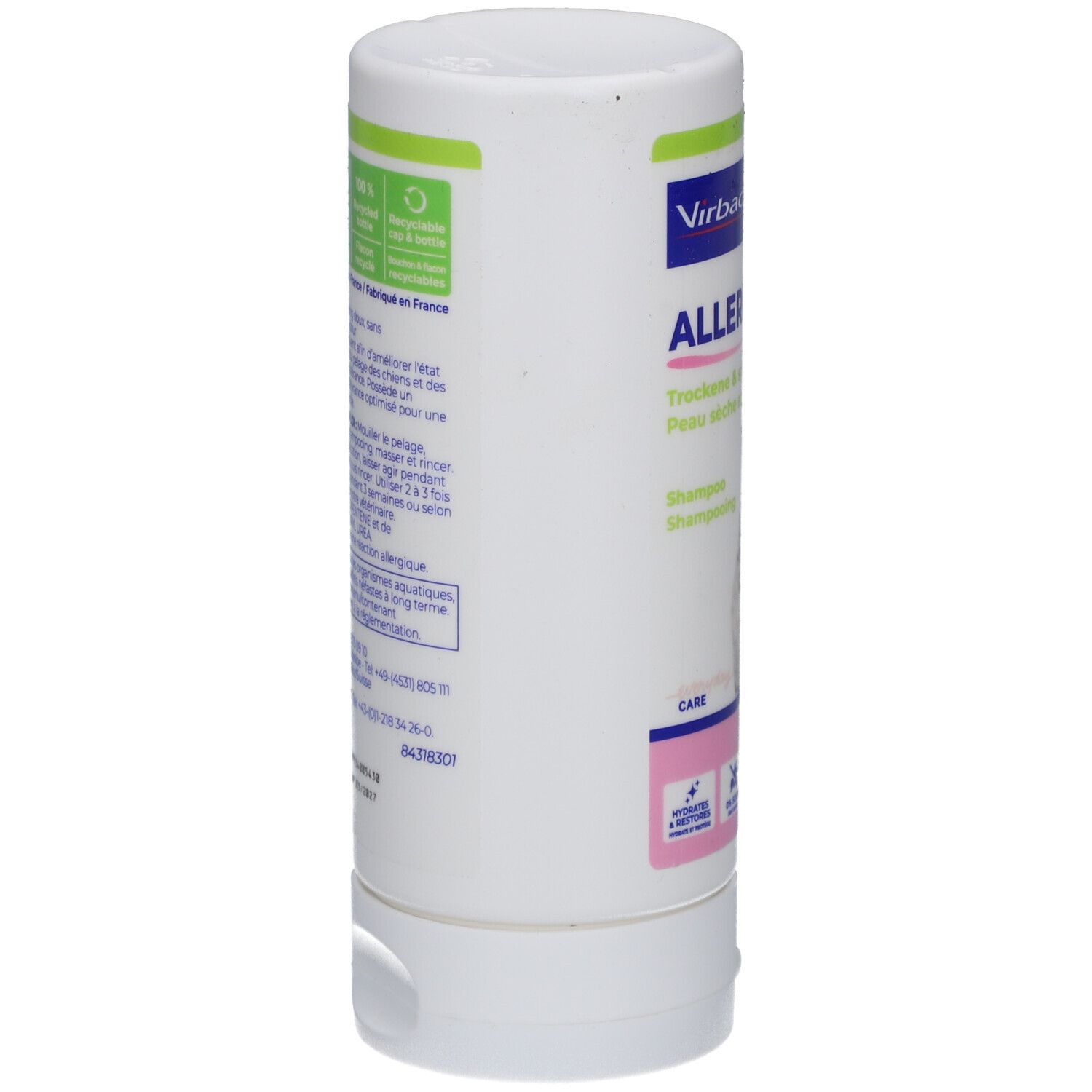 Weiße Flasche Virbac Allerderm Shampoo. Rückseite mit Text und Logo. Hergestellt in Frankreich. Öko-Zertifizierung.