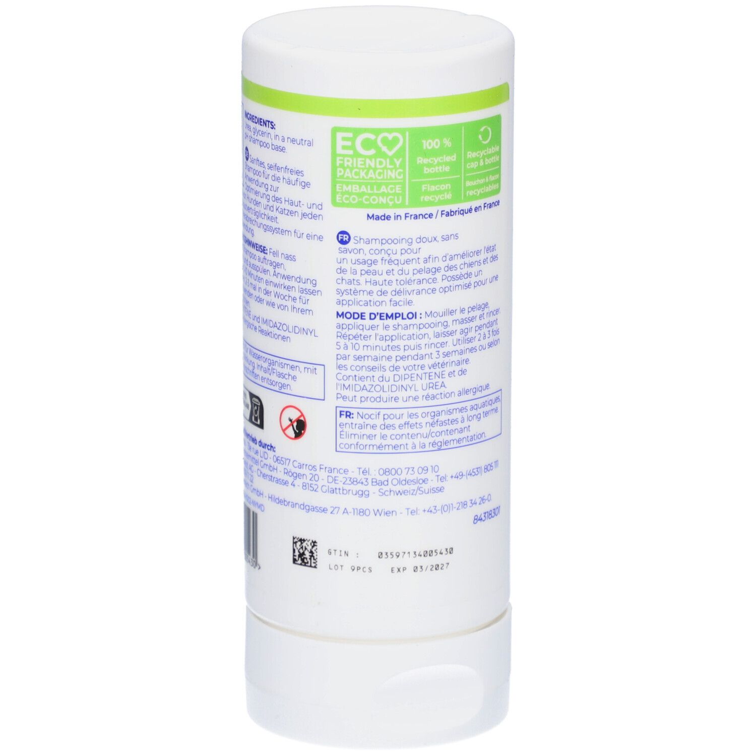 Rückseite der weißen Flasche Virbac Allerderm Shampoo. Text und Öko-Zertifizierung. Hergestellt in Frankreich.