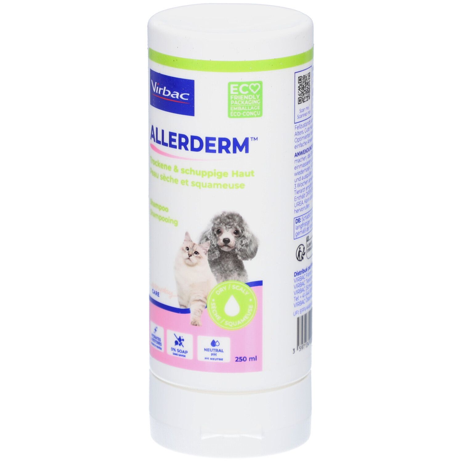 Weiße Flasche Virbac Allerderm Shampoo. Vorderseite mit Text und Logo. Abbildung: Katze und Hund. 250 ml.