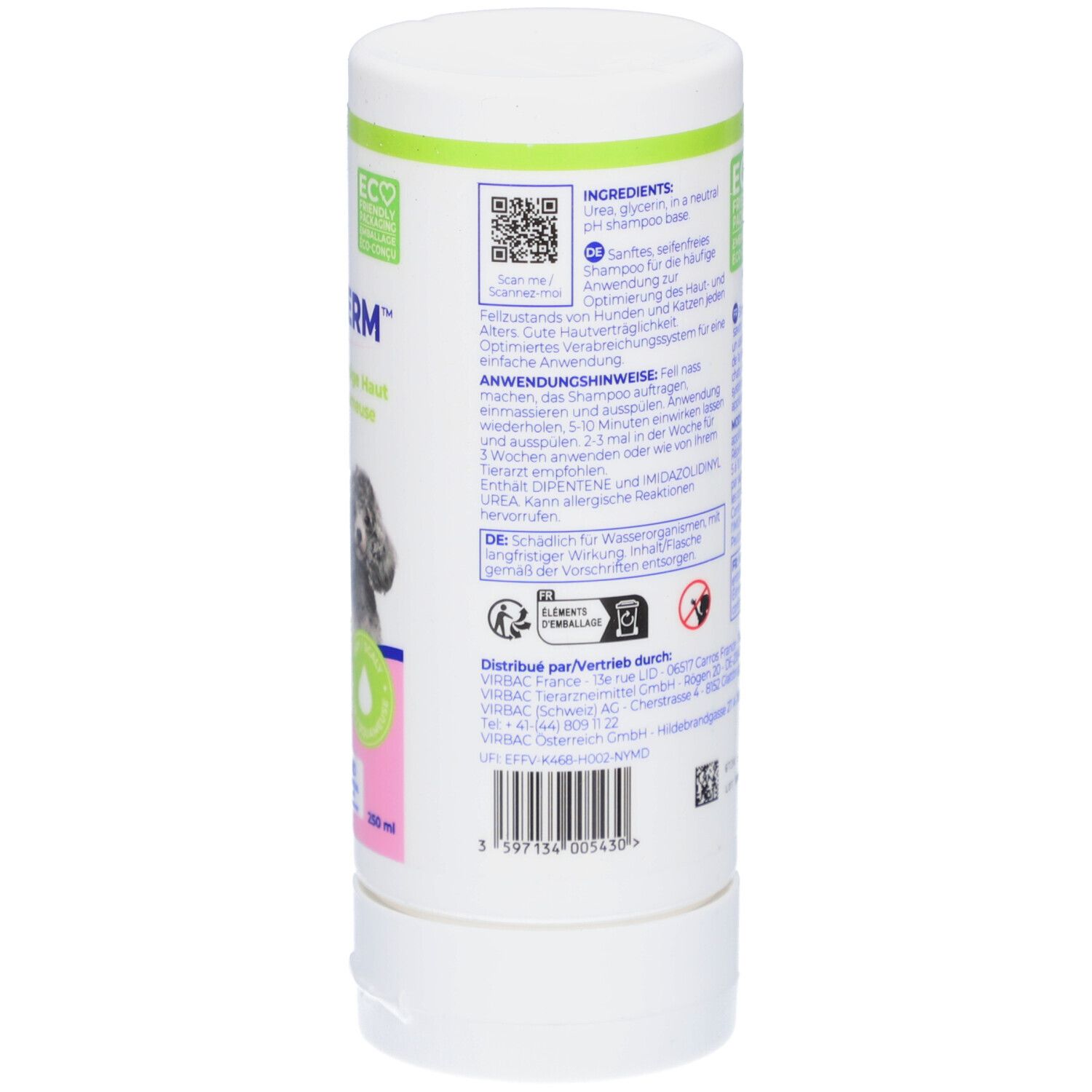Rückseite der weißen Flasche Virbac Allerderm Shampoo. Text, QR-Code und Öko-Zertifizierung. 250 ml.