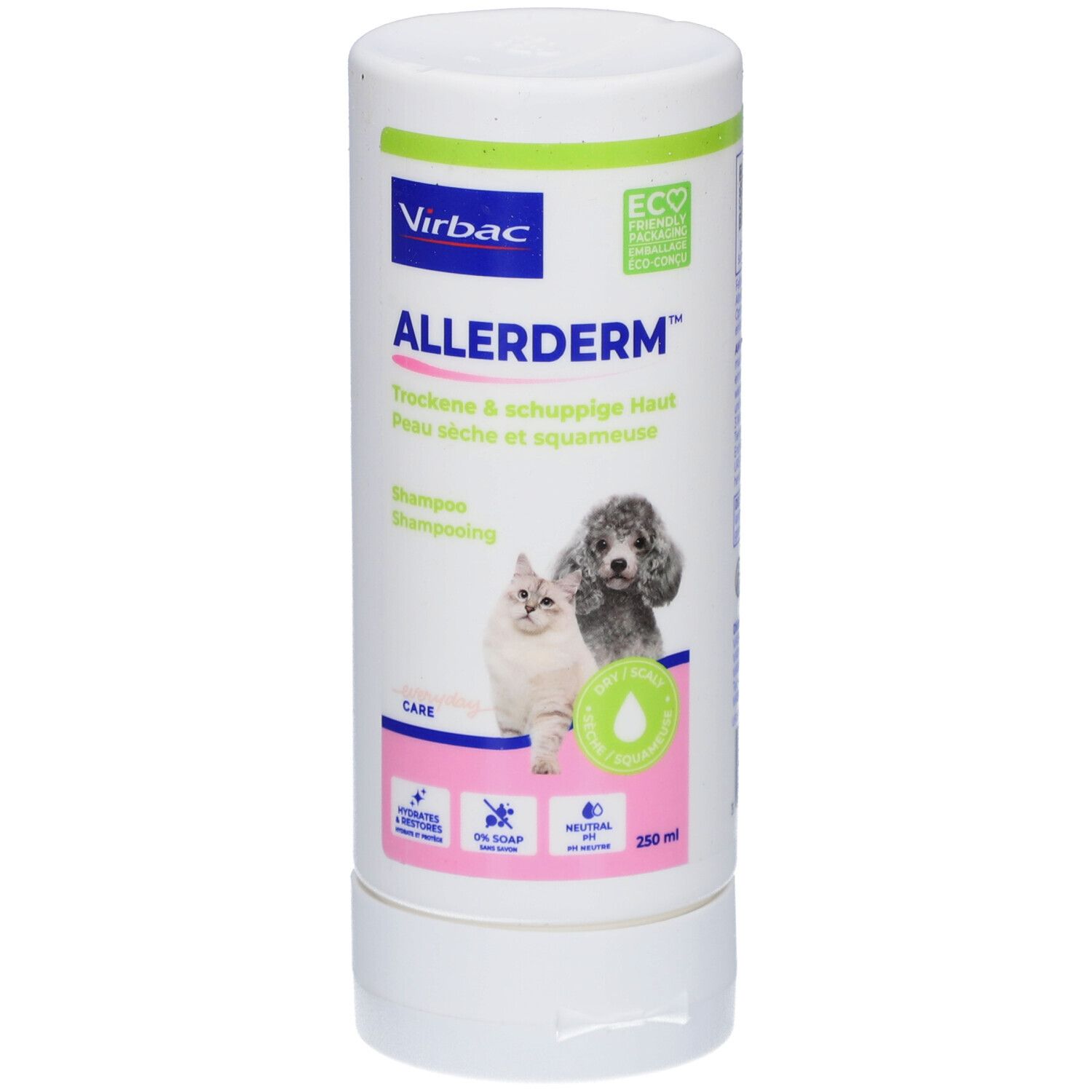 Weiße Flasche Virbac Allerderm Shampoo. Vorderseite mit Text und Logo. Abbildung: Katze und Hund. 250 ml.
