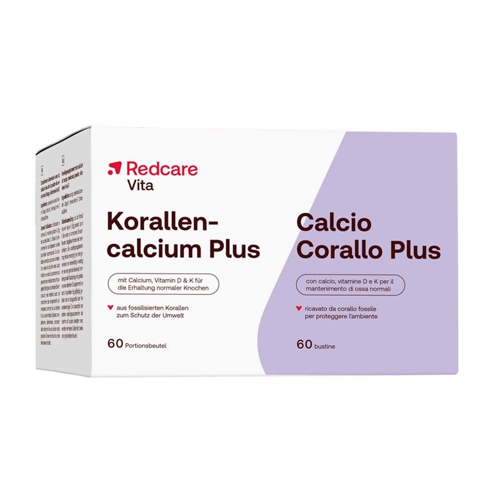 Karton mit Redcare Vita Korallencalcium Plus. Enthält 60 Portionen. Mit Calcium, Vitamin D & K für Knochen.