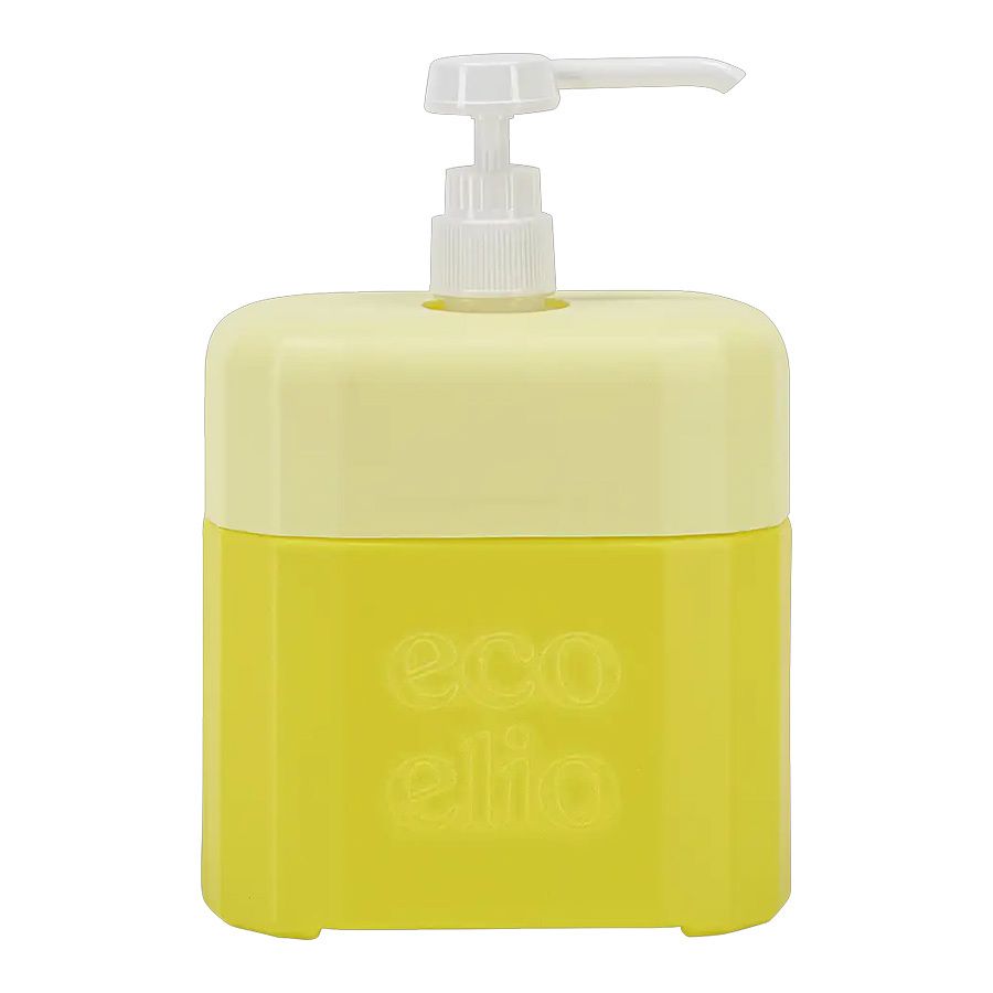 Flacon distributeur jaune avec pompe doseuse. Inscription "eco elio".