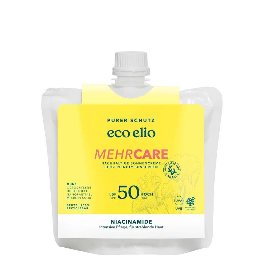 Recharge de crème solaire eco elio, étiquette jaune, LSF 50. Sans octocrylène, parfum, microplastiques, nanoparticules. Contient un écran solaire.